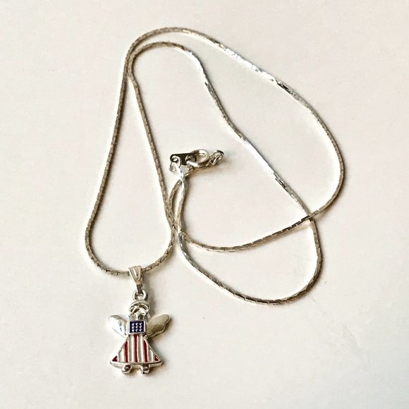 USA American Flag Necklace Earrings Set Angel Patriotic July 4th Enamel 18" - Picture 9 of 12